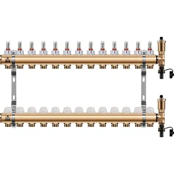 rozdělovač topení Wigell Podlahový rozdělovač WIGELL, 13 okruhů, mosazný + automatické odvzdušňování