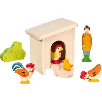 Domeček pro panenku Holztiger GOKI Set - kurník se zvířátky a farmářkou