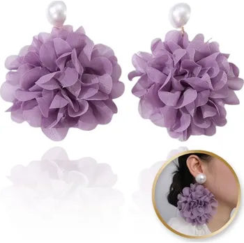 Náušnice Flamenco Mystique Visací náušnice, efektní tulle květ s perlou, fialový špendlík K1709