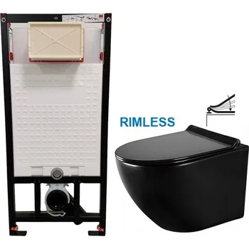 Klozet DEANTE Podomítkový rám, pro závěsné WC mísy bez tlačítka + WC MEXEN LENA ČERNÁ Rimless + SEDÁTKO CST_WC01 X ME01