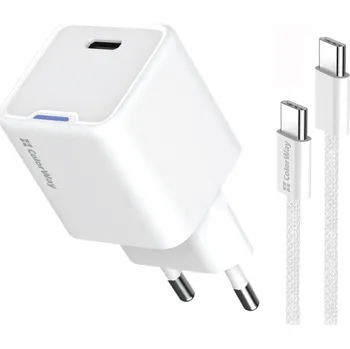 ColorWay CW-CHS054PDC-WT Napájecí adaptér, síťová nabíječka, 1× USB-C, výstup max. 3A, Power Delivery 3.0, 30W, vstup 100–240V, GaN technologie, bílý + 100cm kabel CW-CHS054PDC-WT