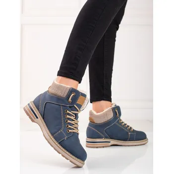 Dámská zimní obuv Designové kotníčkové boty modré dámské na plochém podpatku 36