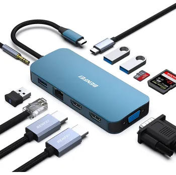 USB hub BENFEI USB-C HUB 11v1: HDMI, VGA, USB 3.0, Ethernet, Power Delivery, SD/TF čtečka a AUX (modrý)