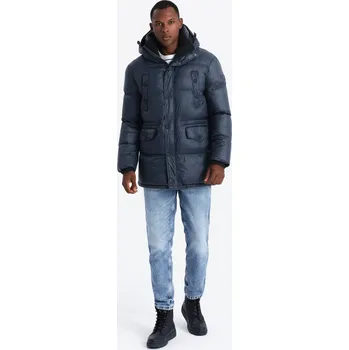 Pánská casual bunda Ombre Men's long puffer jacket with snap pockets - navy blue Ombre černá 2978873