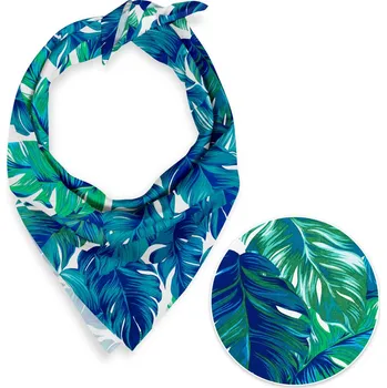 Šátek Bavlněný šátek Sandra SA-606 Modro-zelené tropické listy na bílém 45 x 45 cm