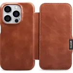 iCarer Knížkové pouzdro na iPhone 15 Pro - iCarer, Oil Wax Real Leather MagSafe Brown WMI16250504-BN