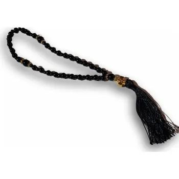 Náramek Růženec se střapcem – 23 cm (černý se zlatým křížkem a Pannou Marií)