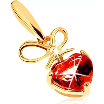 Přívěsek Přívěsek ve žlutém 14K zlatě - červené granátové srdíčko s uvázanou mašlí