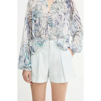 Šortky s příměsí lnu Guess SHAYE dámské, tyrkysová barva, high waist, W5GD1J WG8N0 W5GD1J.WG8N0 60X, vel. 29