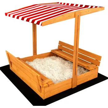 Puzzle SAND TROPIC Dřevěné pískoviště s lavičkami a stříškou 120x120cm (impregnované) červeno-bílé