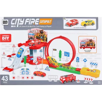 autodráha Dráha hasičská stanice s katapultem set se 3 autíčky a dopravním značením