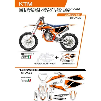 UFO kompletní sada plastů KTKIT522042 PLUS sada samolepek (dýhy) KTM SX/SXF 125/150/250/350/450 19-22 v sadě přední tabulka (KT04094) a kryty tlumičů (KT04055) STOKES barva bílá - (UFO kompletní sada plastů KTKIT522042 PLUS sada samolepek (dýhy) KTM SX/SX