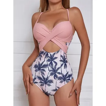 Dámské plavky Dámské jednodílné plavky s potiskem palmy a ozdobným dekoltem Barva: Růžová, Velikost: M