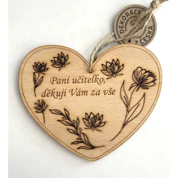 Svatební dekorace Srdce 11 cm věnování učitelce, motiv květin