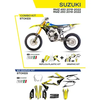 UFO kompletní sada plastů SUKIT418999 PLUS sada samolepek (dýhy) SUZUKI RMZ 250 19-22; RMZ 450 18-22 v sadě přední tabulka (SU04943) a kryty tlumičů (SU04913) STOKES barva (bílá/žlutá/černá) - (UFO kompletní sada plastů SUKIT418999 PLUS sada samolepek)