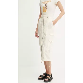 Dámská sukně Sukně s příměsí lnu Guess CASEY béžová barva, midi, W5GD1H WG8N0 W5GD1H.WG8N0 01X, vel. 26