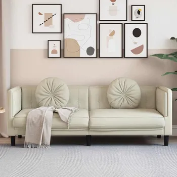 Pohovka vidaXL Pohovka s polštáři 3místná samet [372651] Barva: krémová