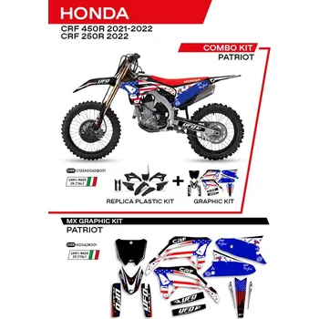UFO kompletní sada plastů HOKIT125001 PLUS sada samolepek (dýhy) HONDA CRF 250R 22; CRF 450 21-22 v sadě přední tabulka (HO05607) a kryty tlumičů (HO04695) PATRIOT barva černá - (UFO kompletní sada plastů HOKIT125001 PLUS sada samolepek (dýhy) HONDA CRF)