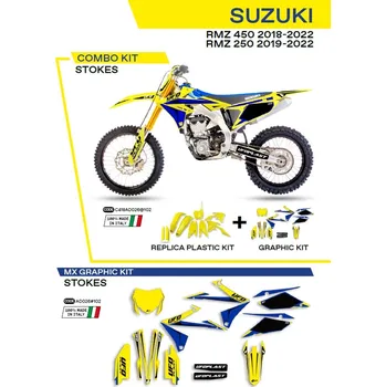 UFO kompletní sada plastů SUKIT418102 PLUS sada samolepek (dýhy) SUZUKI RMZ 250 19-22; RMZ 450 18-22 v sadě přední tabulka (SU04943) a kryty tlumičů (SU04913) STOKES barva žlutá - (UFO kompletní sada plastů SUKIT418102 PLUS sada samolepek (dýhy) SUZUKI RM