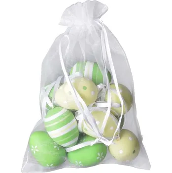 Velikonoční dekorace Kraslice 12 ks 40mm různé vzory v organzovém sáčku, zelená, bílá