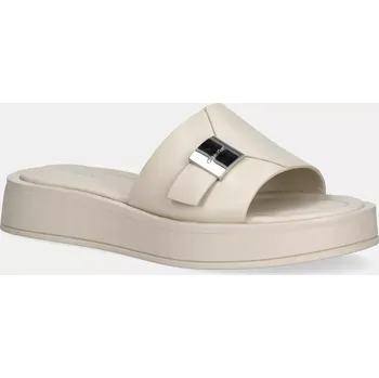 Dámská obuv Kožené pantofle Calvin Klein FLATFORM SLIDE W/CK HW - LTH HW0HW02368 béžová 01X, EUR 40