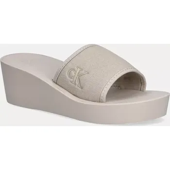 Dámské pantofle Pantofle Calvin Klein Jeans BEACH WEDGE SLIDE CANVAS dámské, béžová barva, na klínku, YW0YW01725 01X, EUR 41