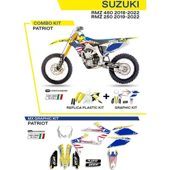 UFO kompletní sada plastů SUKIT418999 PLUS sada samolepek (dýhy) SUZUKI RMZ 250 19-22; RMZ 450 18-22 v sadě přední tabulka (SU04943) a kryty tlumičů (SU04913) PATRIOT barva (žlutá/bílá/černá) - (UFO kompletní sada plastů SUKIT418999 PLUS sada samolepek)