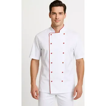 Gastro oděv Pánský dvouřadý rondon bílo-červený (krátký rukáv, síťovina v bocích a zádech, kapsička na levém rukávu)