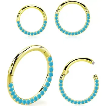 Piercing Otevírací kroužek zlaté barvy různých průměrů s tyrkysovými kameny SGSH11TQT (Otevírací kroužek různých průměrů s tyrkysovými kameny ve zlaté barvě z chirirgické oceli SGSH11TQT)