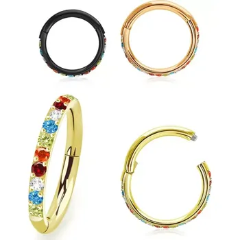 Piercing Barevný otevírací kroužek se zirkony v barvě duhy SGSH10RBT (Barevný otevírací kroužek z chirurgické oceli 316L osázený kamínky v barvě duhy SGSH10RBT)