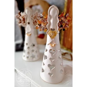 Anděl s orgonitovým srdíčkem Zlatá záře 30cm Velikost, vzor sukně a glazura andílka: 30cm - hvězdičky, přírodní bez glazury Drátované stromy života