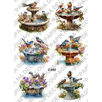 Umělecký papír Rýžový a soft papír na decoupage - Ptáček na kašně - KB0892 Materiál: Soft, Rozměr: A4