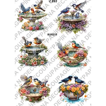 Umělecký papír Rýžový a soft papír na decoupage - Ptáček na kašně - KB0893 Materiál: Soft, Rozměr: A4