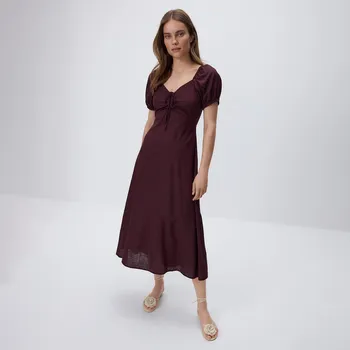 Dámské šaty Reserved - Midi šaty s příměsí lnu - hnědá - 3415P-88X - 3415P-88X-XS