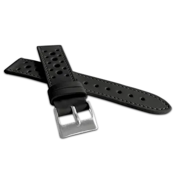 Řemínek na hodinky LAVVU Perforovaný černý prošitý řemínek VINTAGE z luxusní kůže Top Grain - 22 LSGUB22