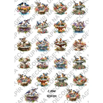 Umělecký papír Rýžový a soft papír na decoupage - Ptáček na kašně - KB0894 Materiál: Soft, Rozměr: A4