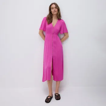 Dámské šaty Reserved - Midi šaty s překládaným výstřihem - fuchsiová - 3425P-43X - 3425P-43X-L