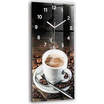 Hodiny Skleněné nástěnné hodiny do obýváku se vzorem Šálek a kávových zrn 30x60 cm