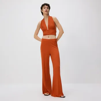 Dámské kalhoty Reserved - Žebrované rozšířené kalhoty - mandarinková - ZQ708-23X - ZQ708-23X-M_L