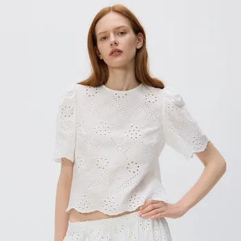 Dámské tričko Reserved - Ažurová halenka s balonovými rukávy - bílá - XP241-00X - XP241-00X-XS