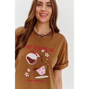 Pánské oblečení NAOKO T-Shirt Sip Happens Hnědá Regular Fit S_M