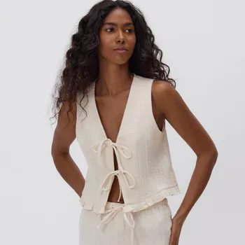 Dámské oblečení Reserved - Vázaná vesta s příměsí lnu - béžová - 594FB-08X - 594FB-08X-S