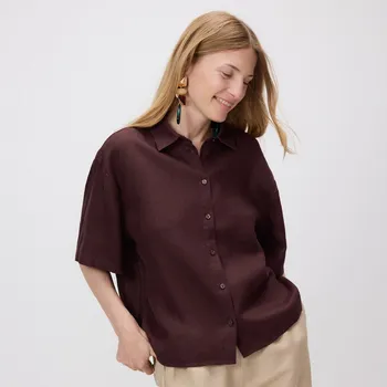 Dámské šaty Reserved - Lněná košile s krátkými rukávy - tmavě hnědá - SU339-89X - SU339-89X-XS