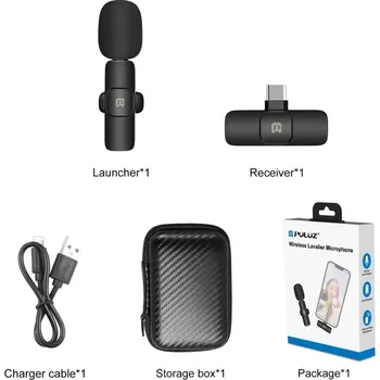 Mikrofon PULUZ Bezdrátový klopový mikrofon s redukcí šumu Reverb pro zařízení typu C / USB-C, podpora nabíjení z telefonu (černá)