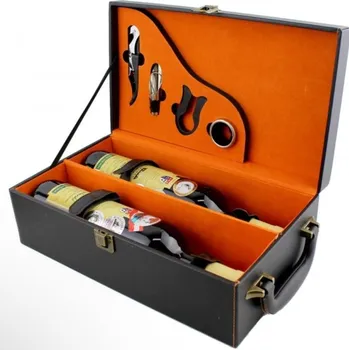 Dárkový potravinový koš Dárkový kožený box na 2 láhve s vinařskými pomůckami Orange