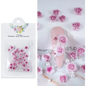 30 ks perličky, květiny a 3D kamínky na nehty | ozdoby, dekorace - Růžová Fialová