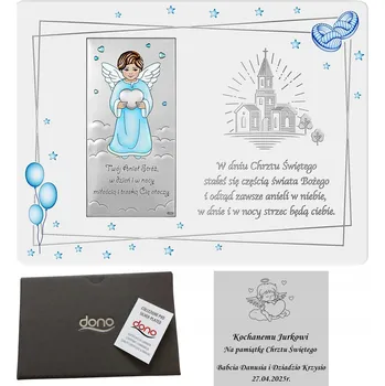 Obraz STŘÍBRNÝ OBRÁZEK NA DŘEVĚNÉ DESCE DÁREK NA KŘTINY PRO CHLAPCE ANDÍLEK