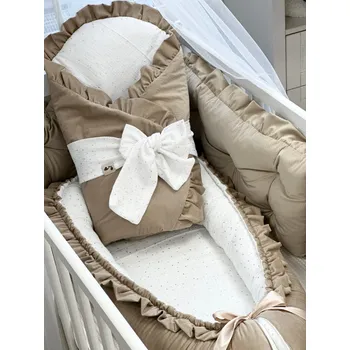 Příslušenství pro dětskou postel a kolébku Set do postýlky – mušelín se zlatými tečkami a béžový velvet elegantní set do postýlky s mušelínem a zlatými tečkami