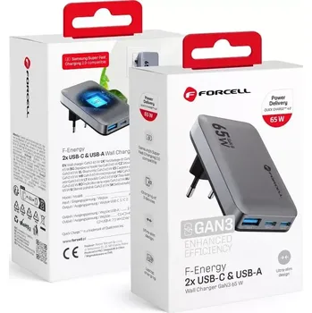 F-ENERGY GaN VT-47 Ultra tenká cestovní nabíječka 2 x typ C + USB A PD QC4.0 4A 65W šedá