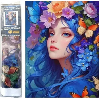 Diamantové malování Diamantový obrázek 40x30cm - Žena s květinami a motýly ve vlasech